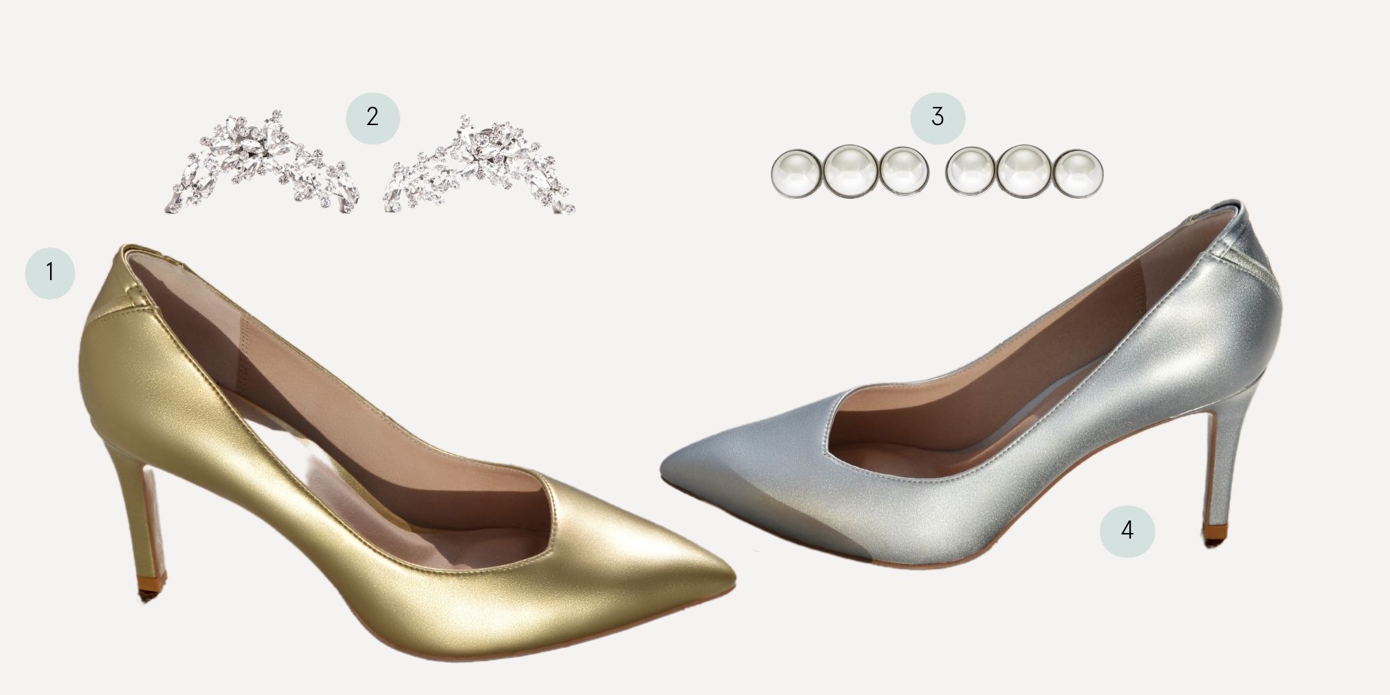 A gold pair of VEERAH pumps with a sparkly brooch accessory next to a pair of silver vegan VEERAH pumps with a trinity brooch accessory.