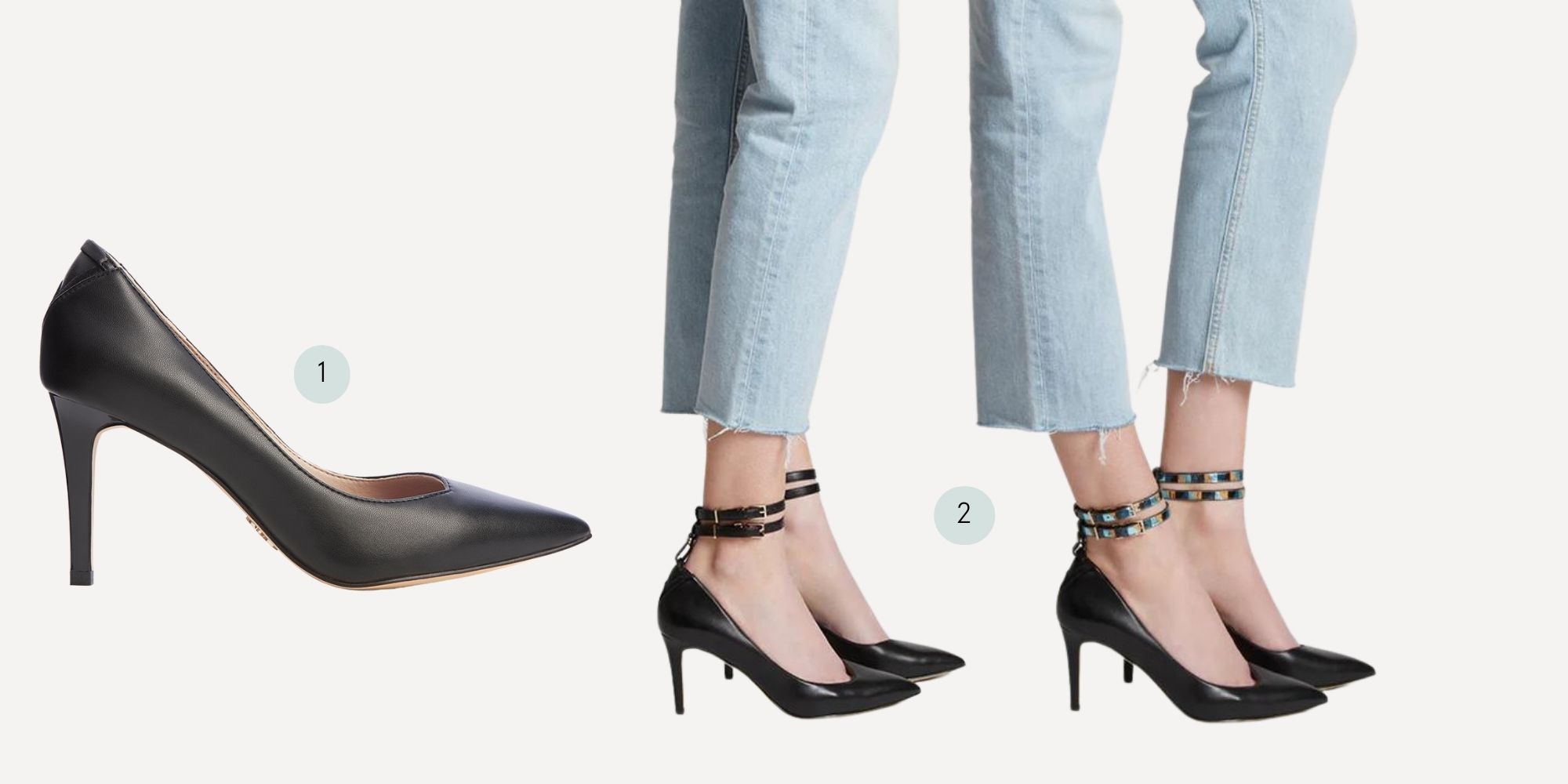 Two variations of the black Frida pumps by VEERAH with a reversible ankle strap.