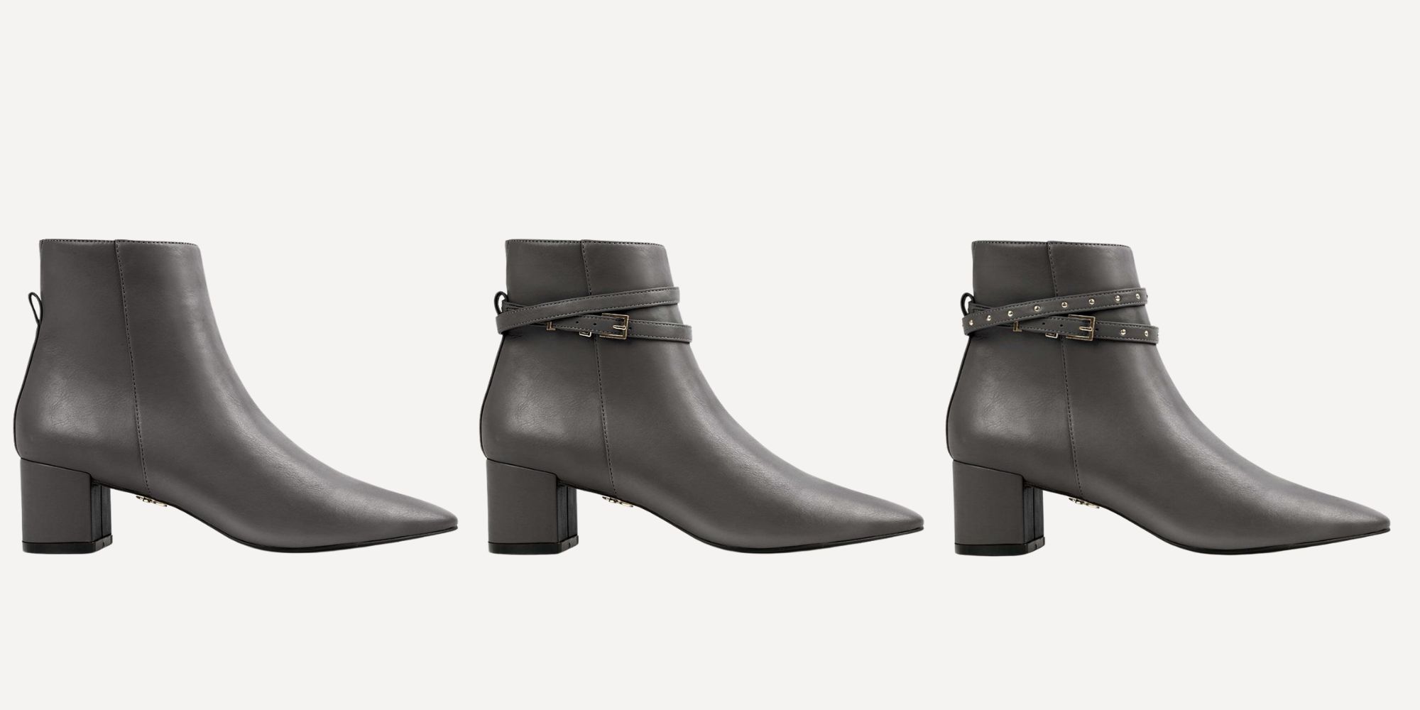 Three shots of VEERAH's Hedy ankle boots in charcoal, featuring no strap, a simple strap, and a studded strap.