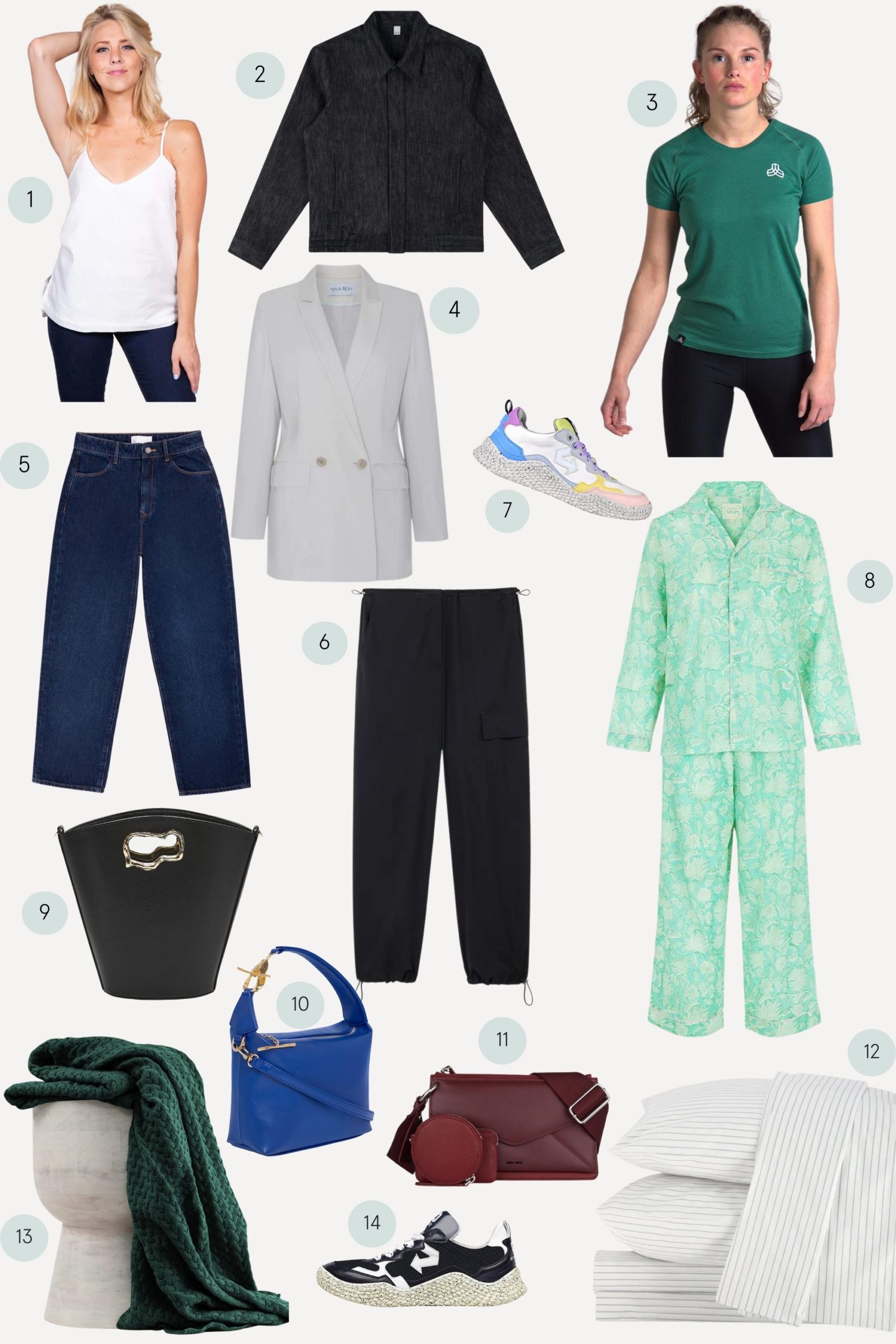 A moodboard showing a selection of the Good On You team's favourite picks for December 2023, from brands including Iron Roots, Mashu, Bhumi, and more.