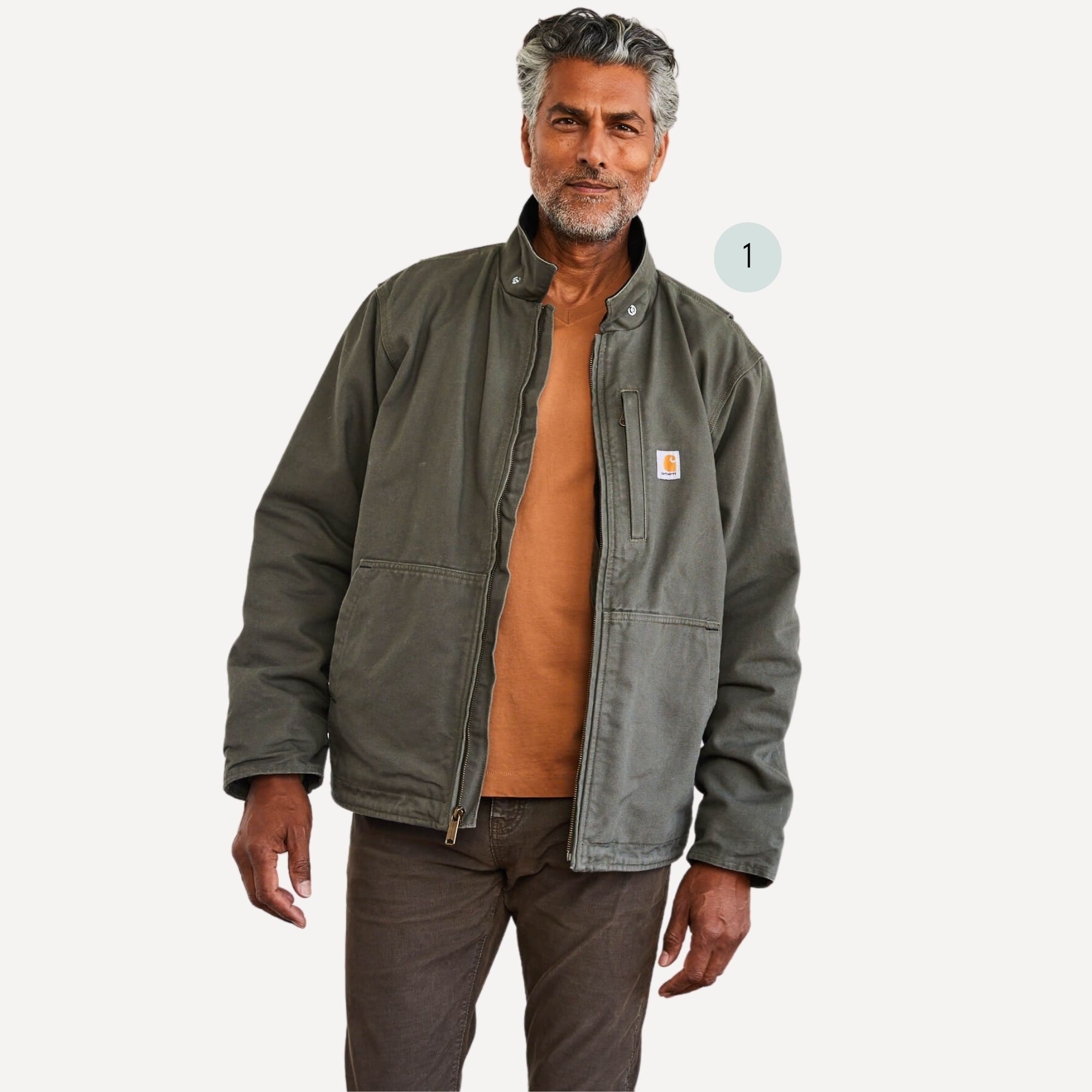 A layered look with a copper menswear v-neck tee by The Classic T-Shirt Company and a green overshirt and jeans.