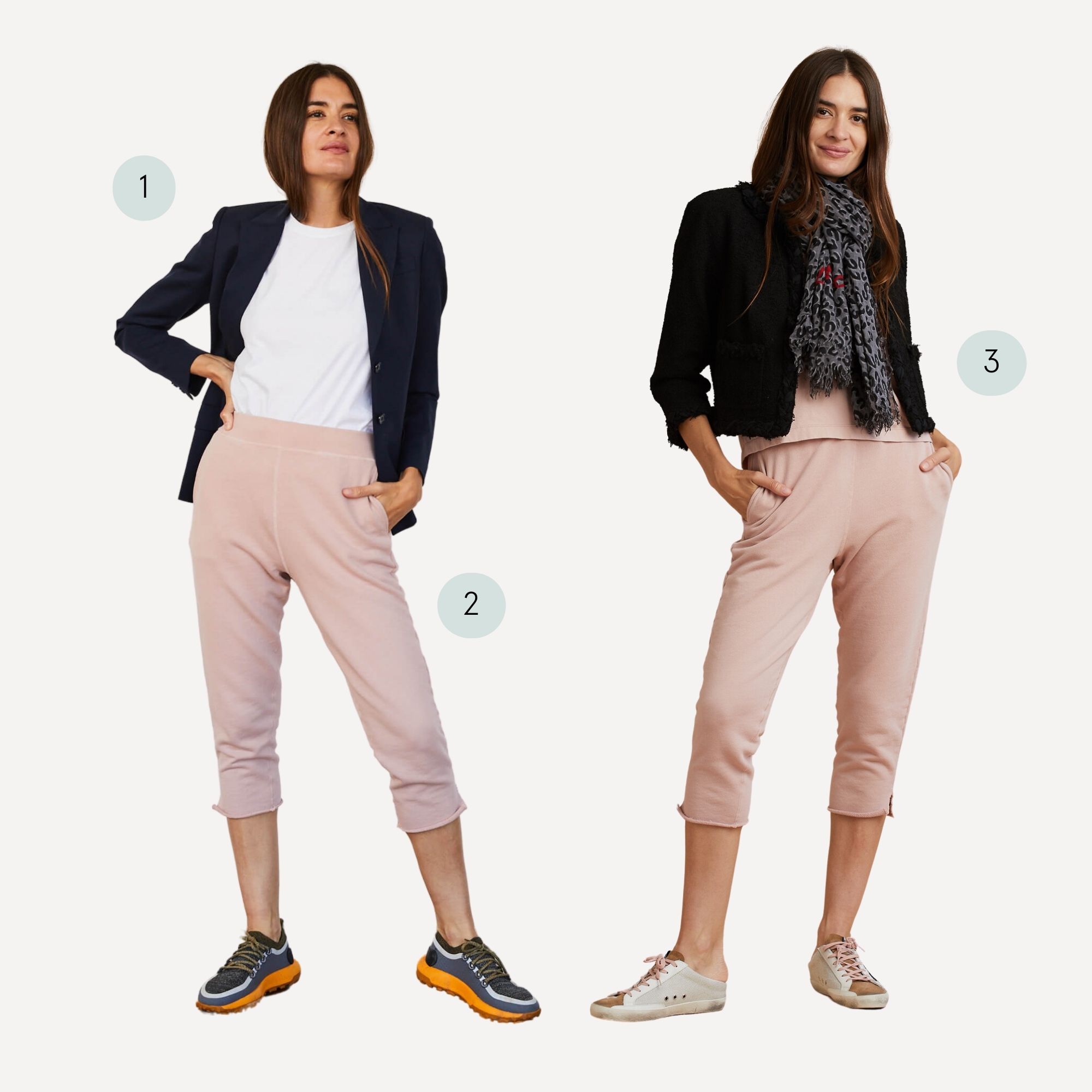 Two looks showcasing The Classic T-Shirt Company's blush pink French Terry Raglan organic cotton track pants paired with their tees.