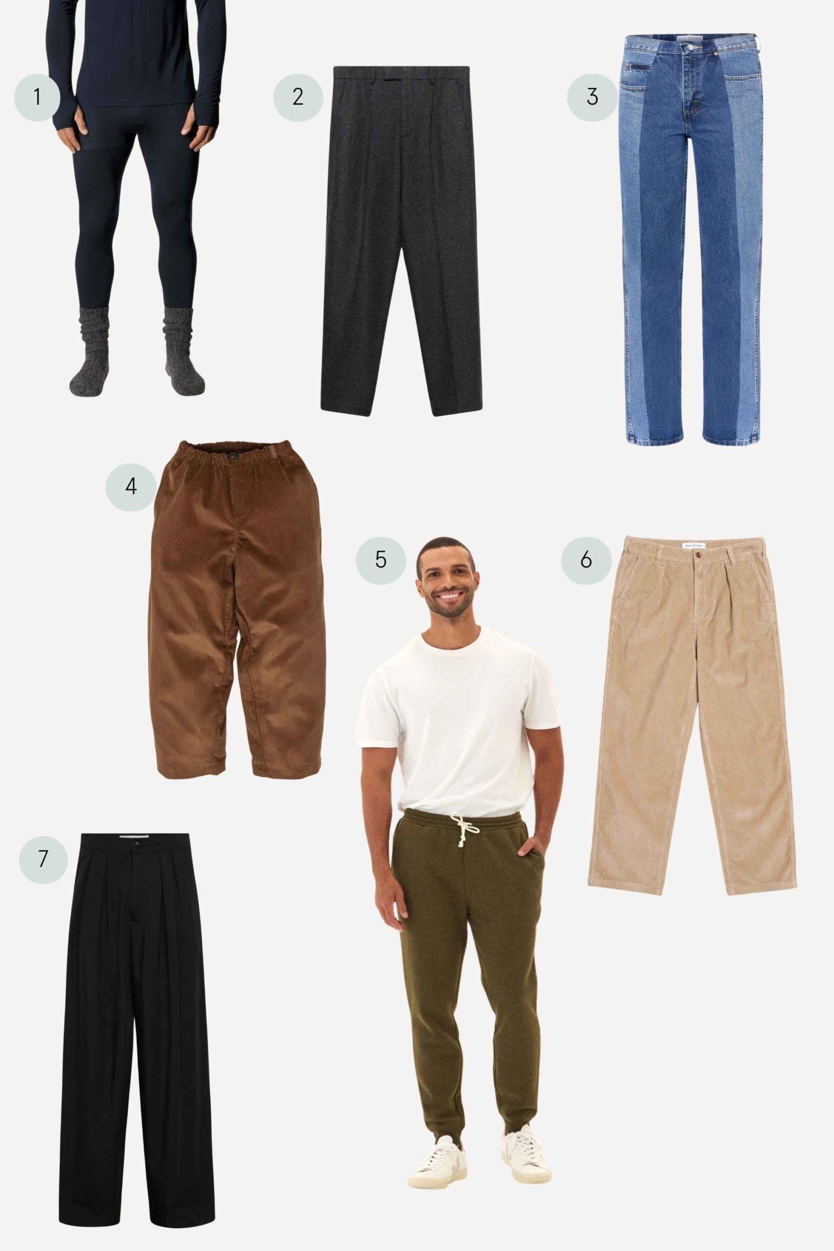 collage of sustainable mens trousers