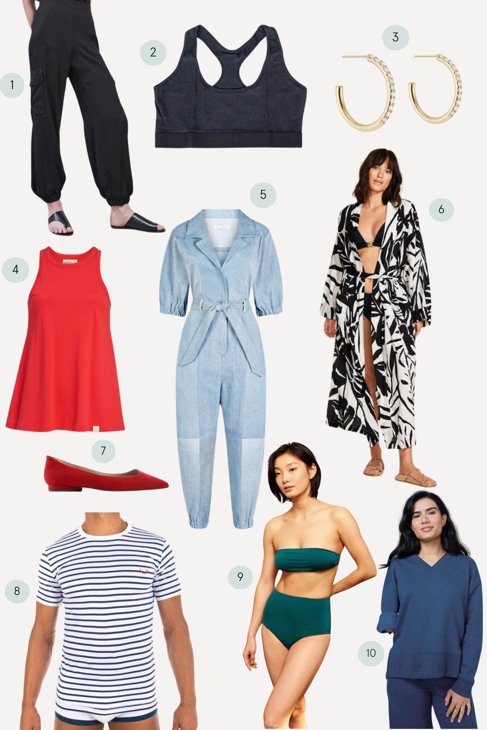 A moodboard displaying 10 better brands Good On You team top picks, from brands Minimalist, WAMA, Bario Neal, LOVETRUST, E.L.V. Denim, Vitamin A, VEERAH, Loop Swim, Bluebuck, and hernest project.