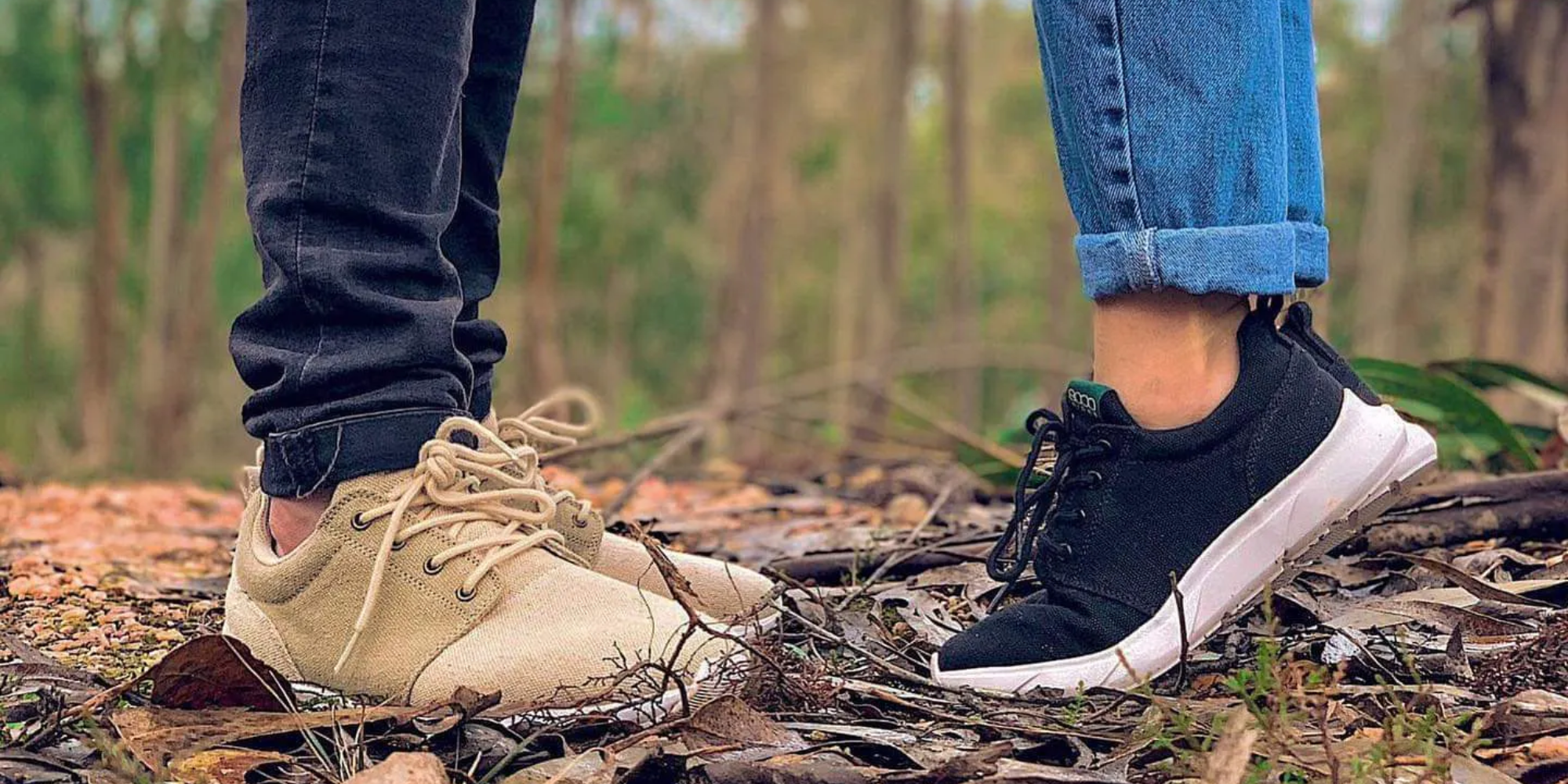 People standing in a forest wearing hemp trainers by 8000Kicks.