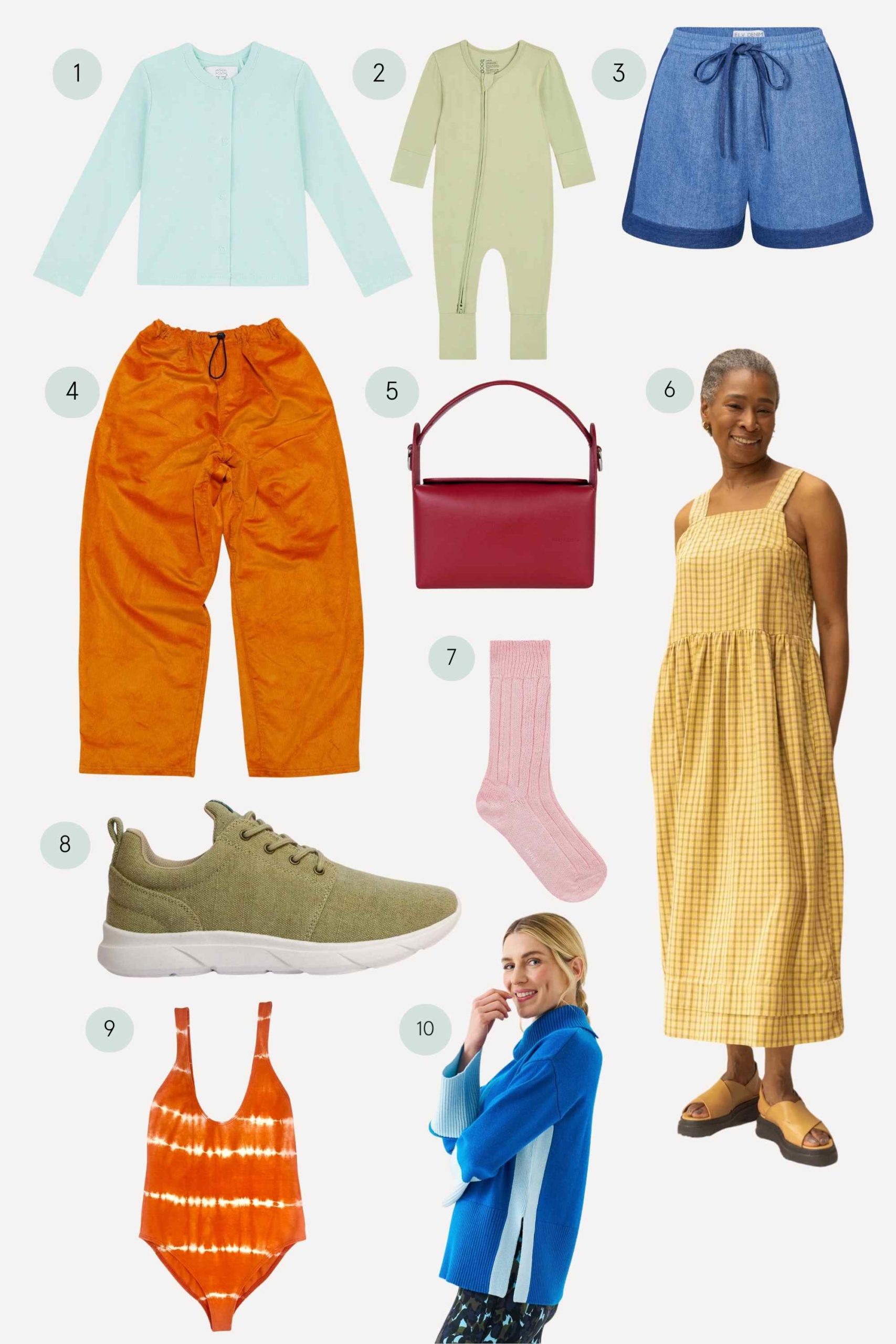 Collage featuring colourful more sustainable clothes and accessories