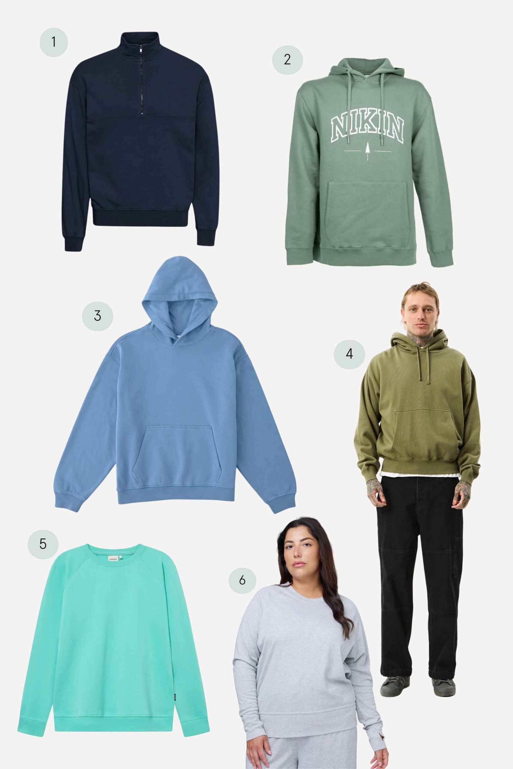 Collage of more sustainable hoodies and sweatshirts TEAM PICKS