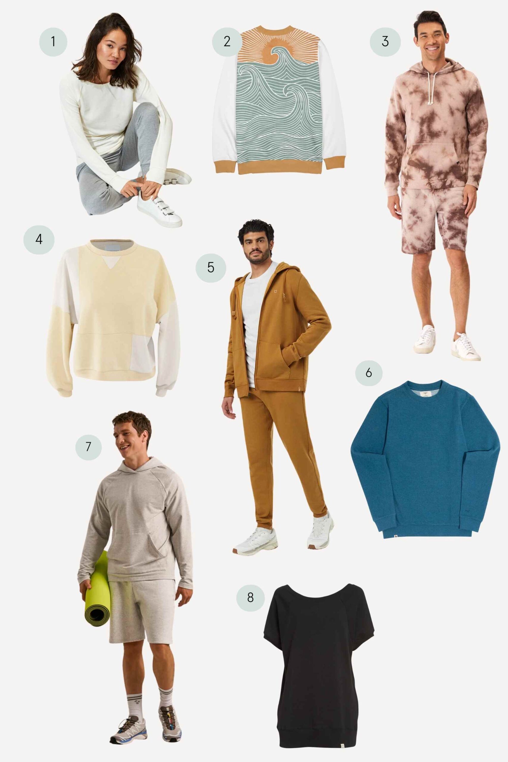 Collage of sustainable hoodies and sweatshirts