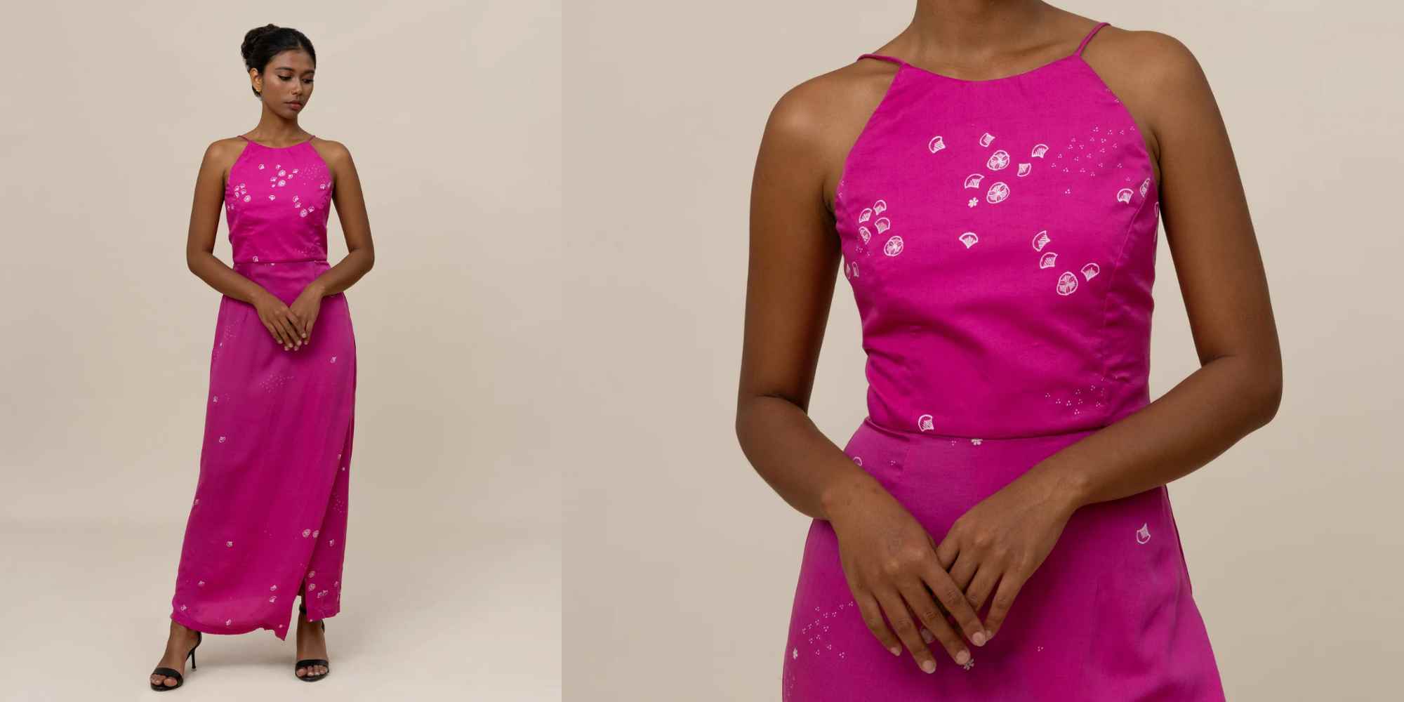 person wearing more sustainable halterneck wedding guest dress from sukkhacitta