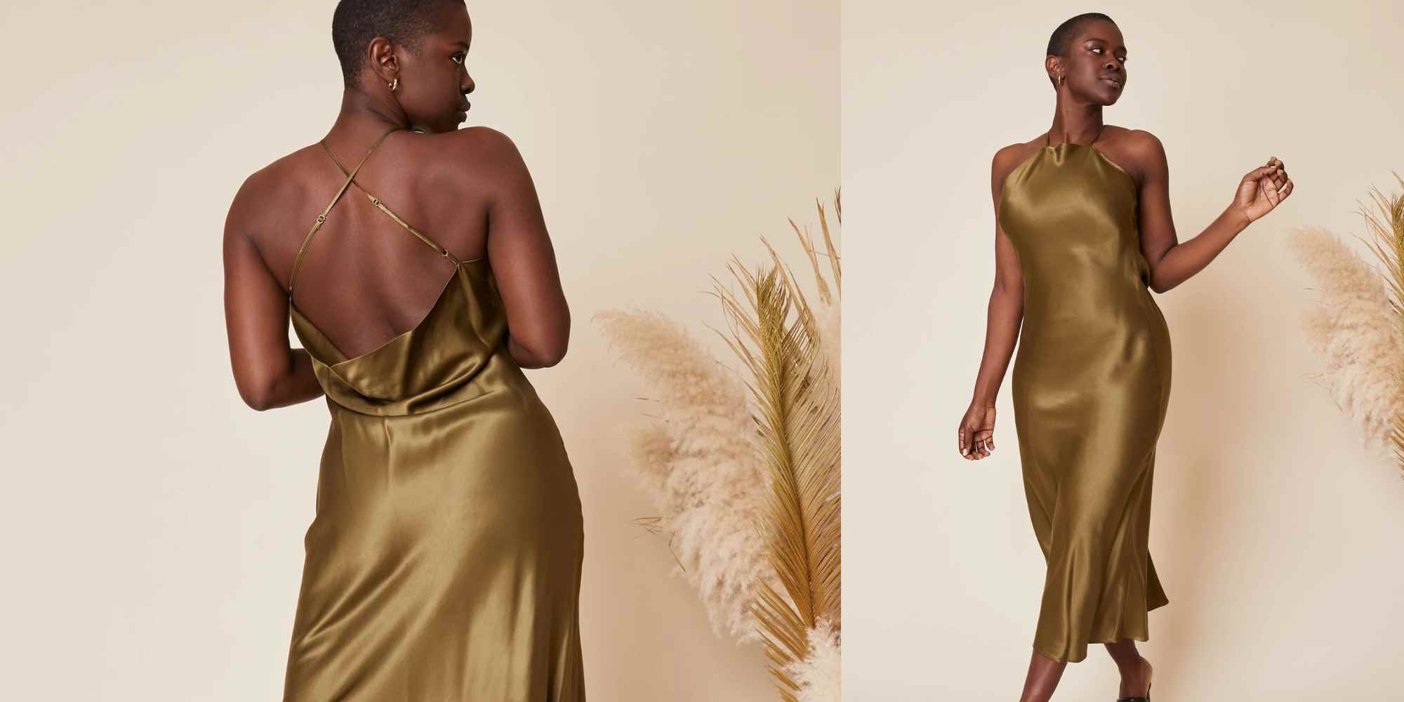 person wearing wedding guest khaki dress from whimsy and row