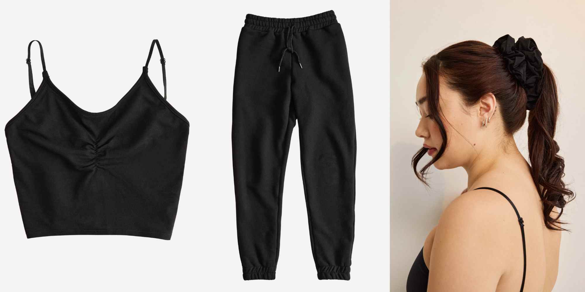 black loungewear set with scrunchie from miakoda