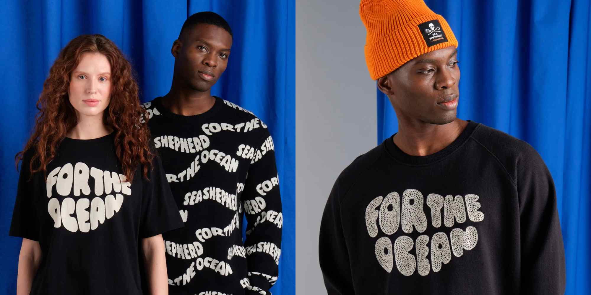 People wearing ocean-inspired clothes from more sustainable brand Dedicated