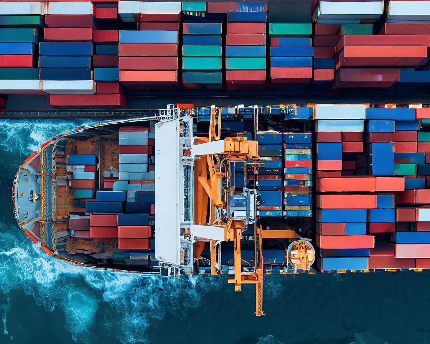 Ship carrying storage containers from above