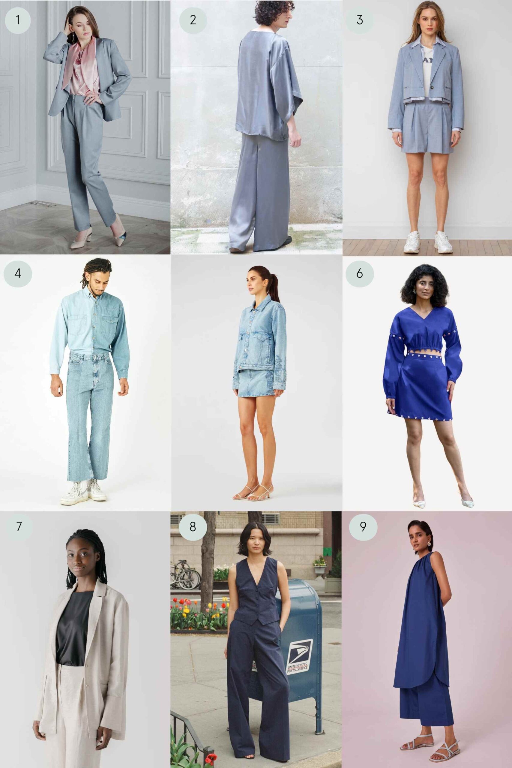 more sustainable suits and co-ords in grey and blue