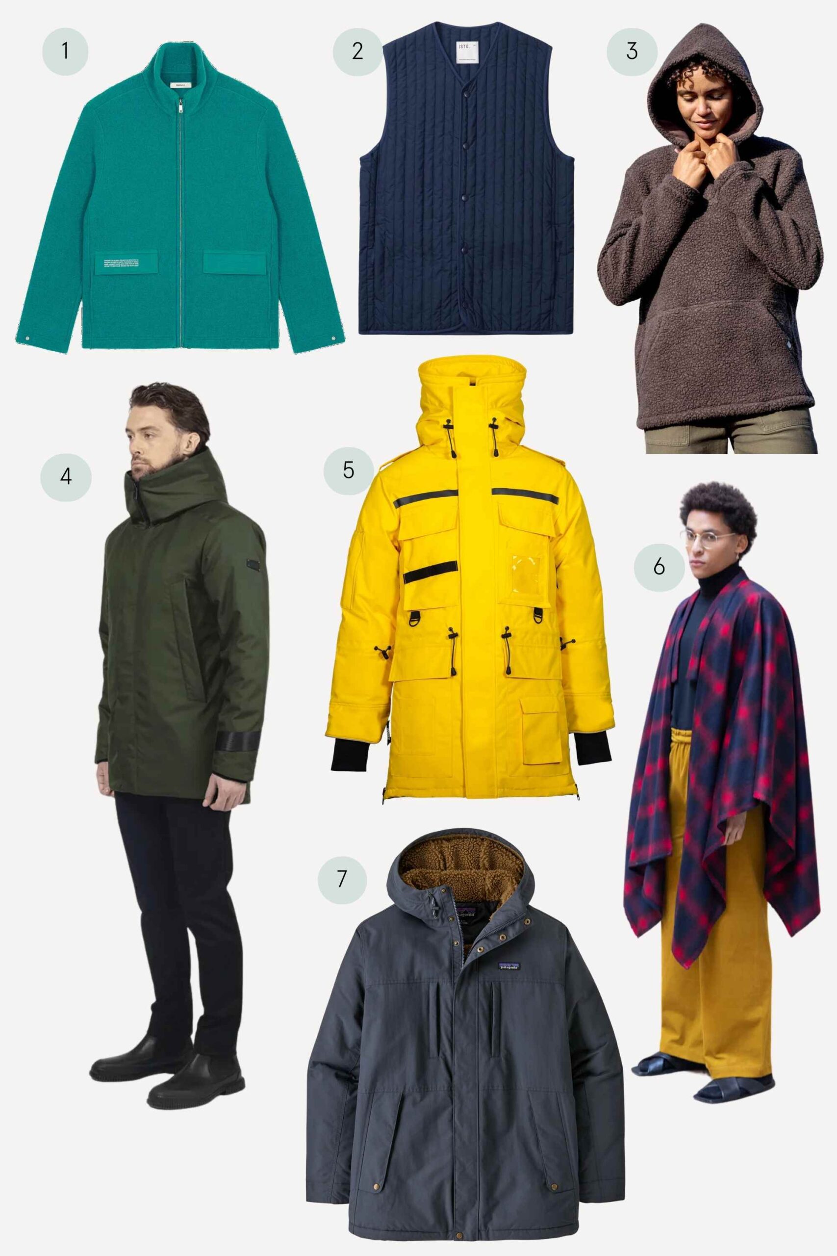 collage of sustainable mens outerwear