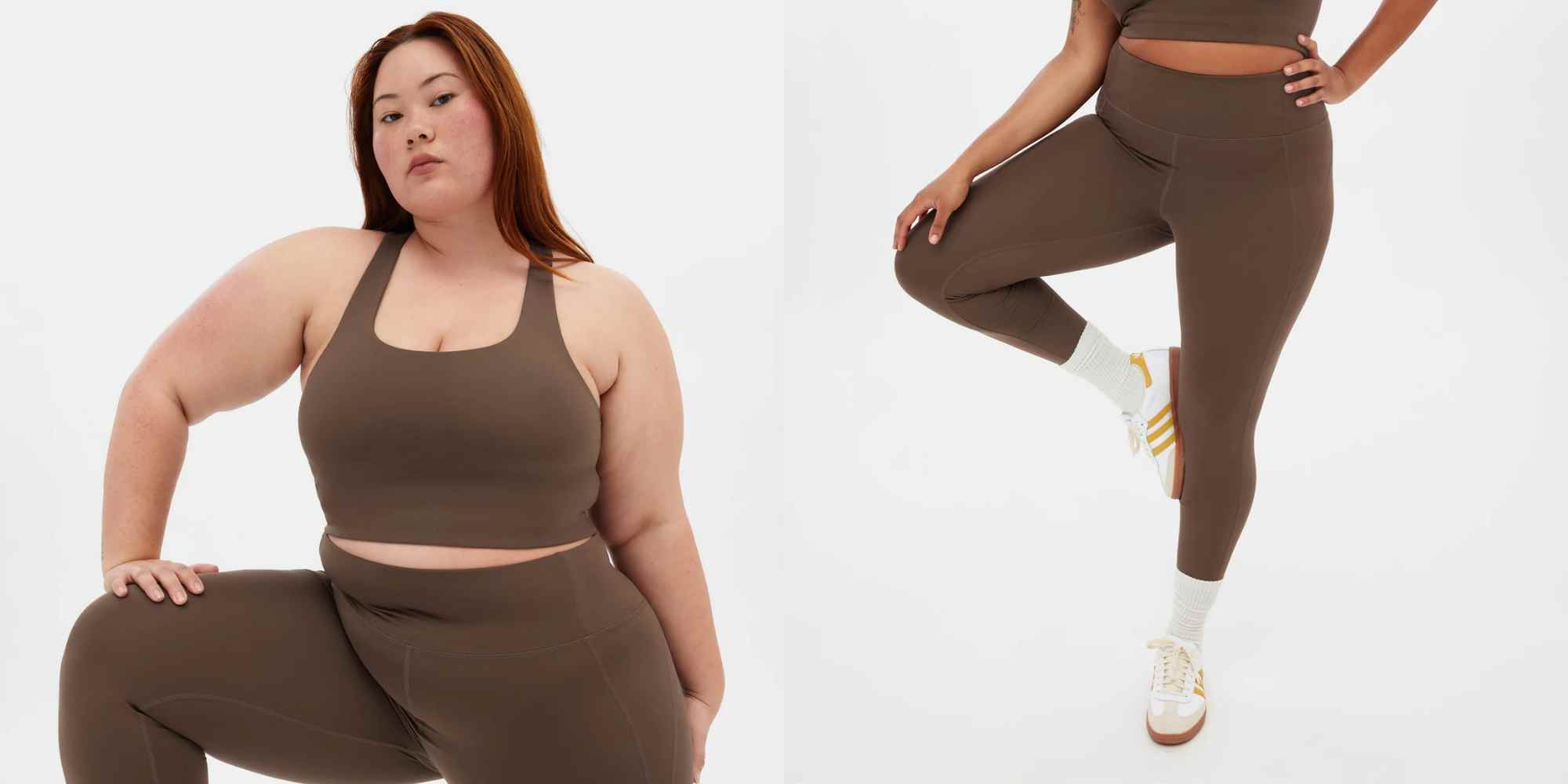 people wearing sports bra and leggings from girlfriend collective in size inclusive range