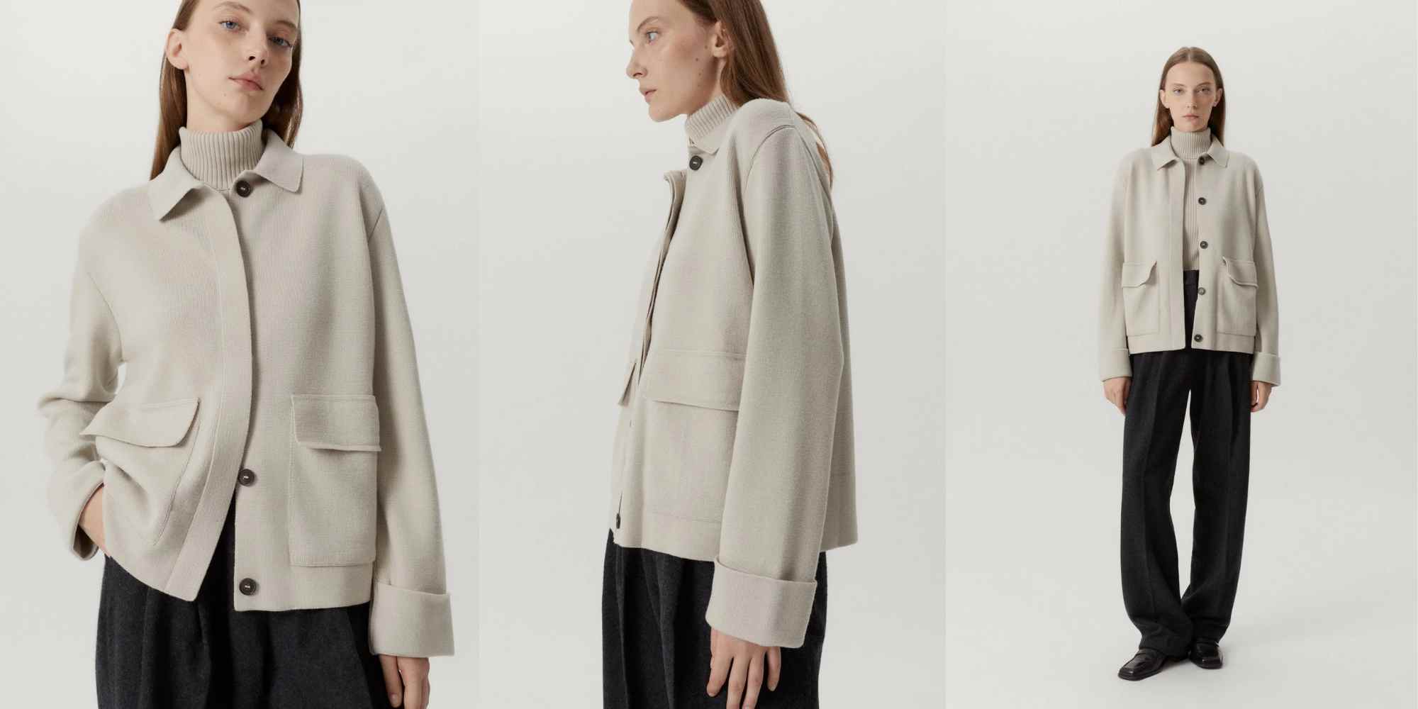 person wearing beige wool jacket from artknit studios