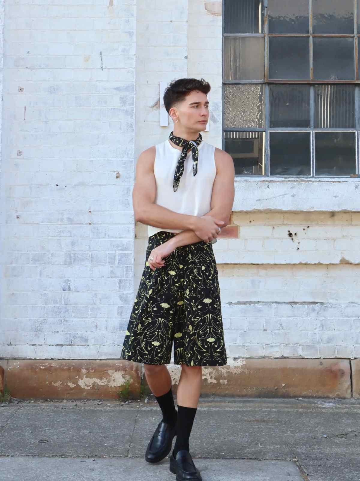 person wearing coordinating shorts and scarf from the glade