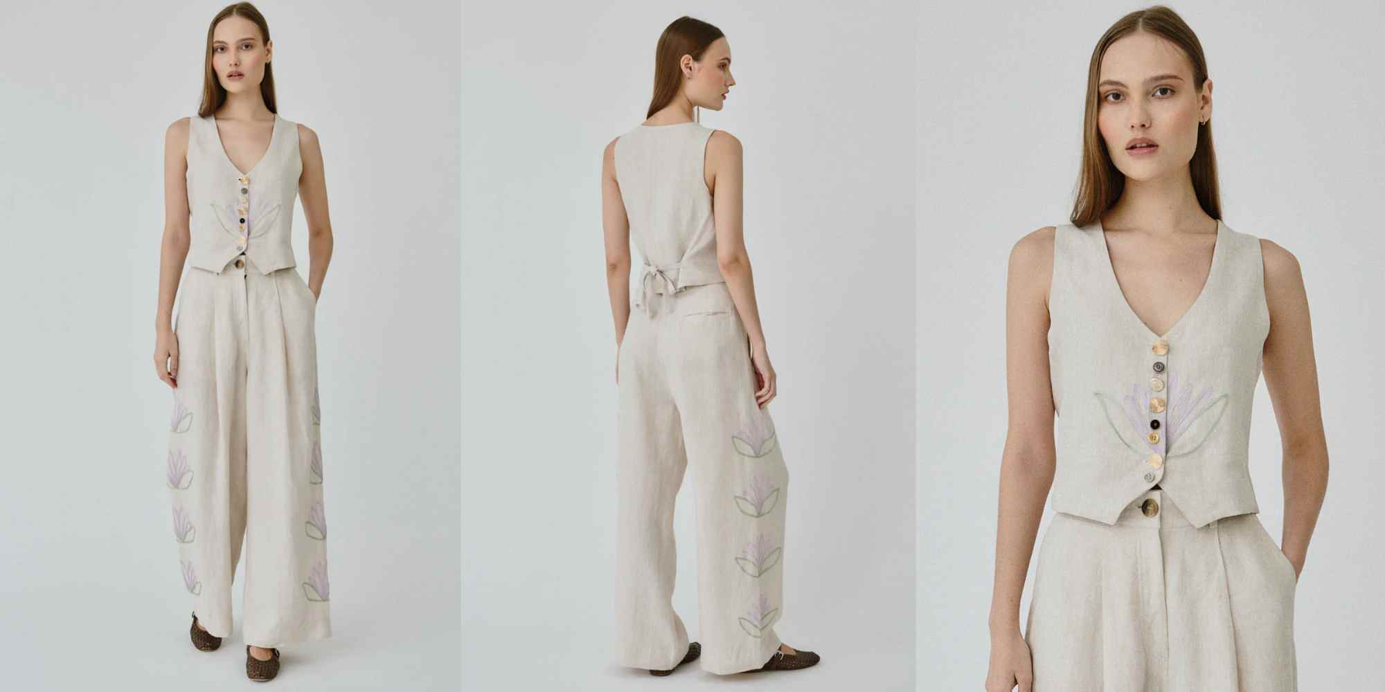 person wearing linen waistcoat and trousers from fanfare