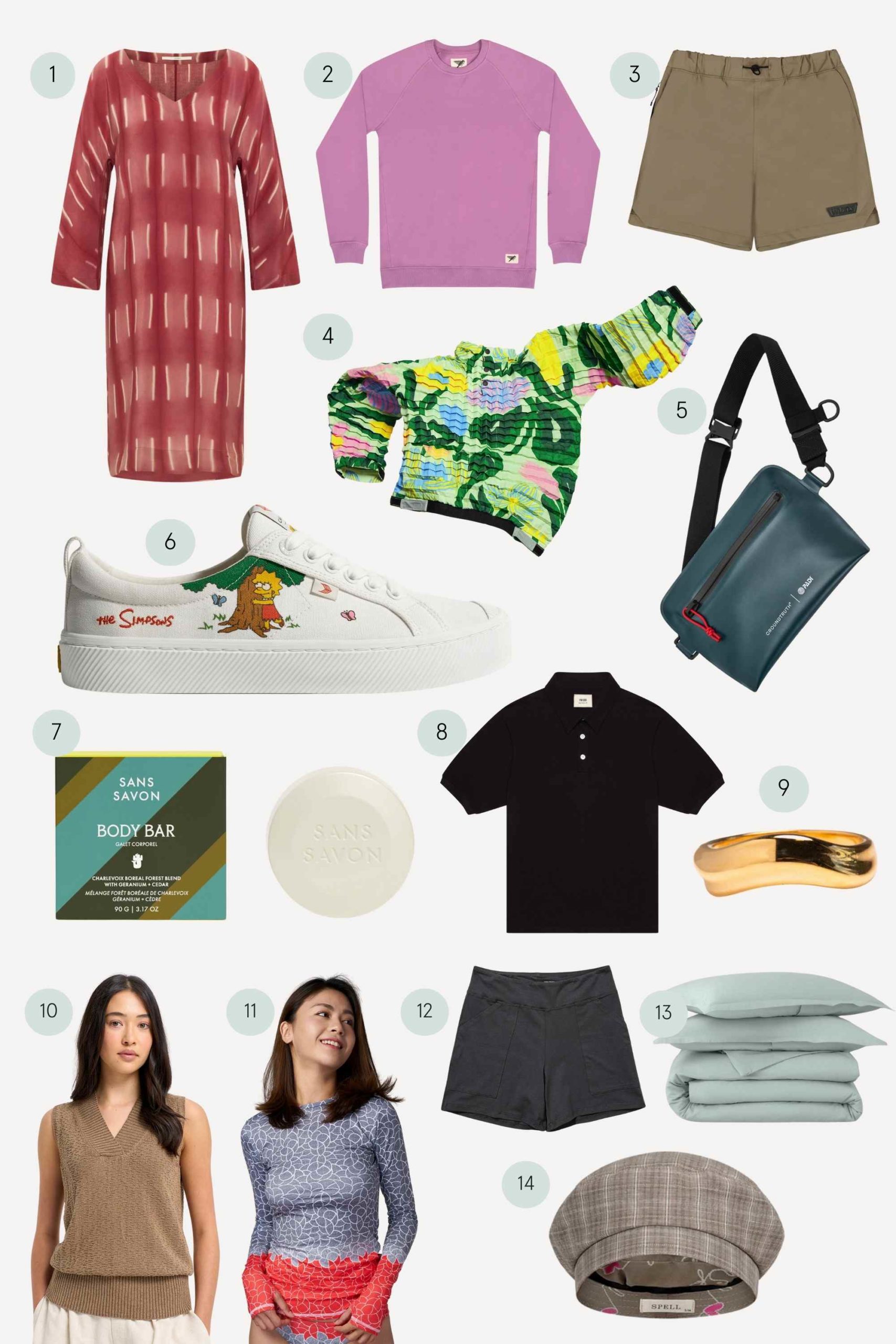 Collage of more sustainable clothes, beauty, and accessories