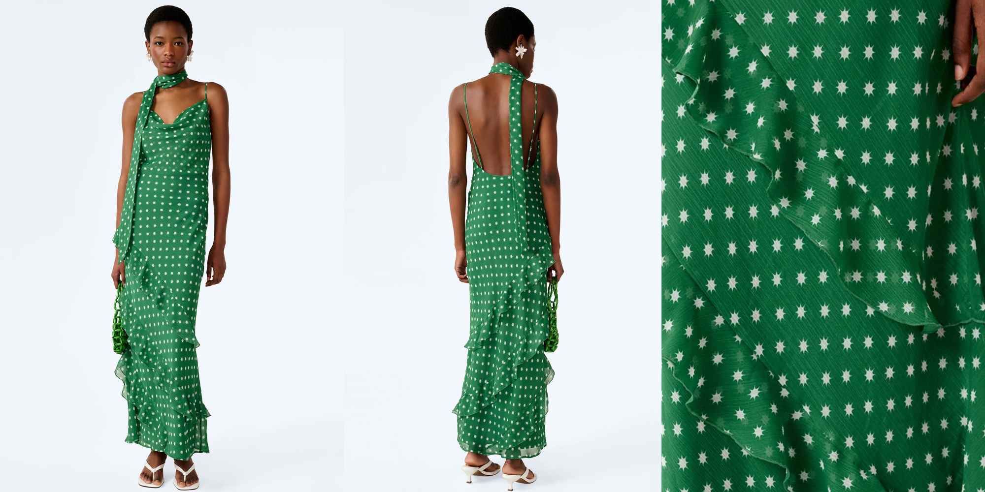 green printed wedding guest dress from omnes