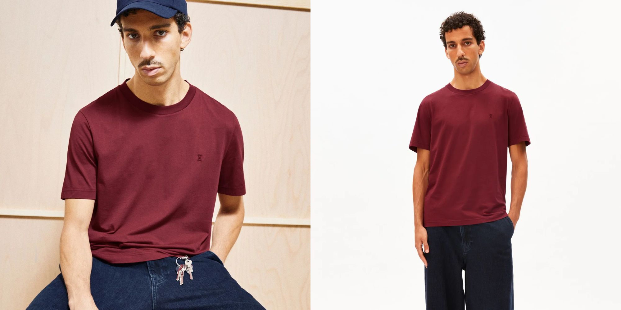person wearing burgundy t-shirt from armedangels