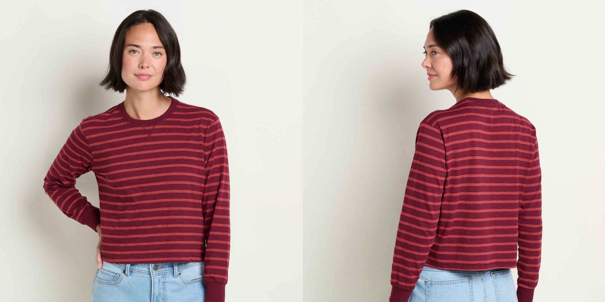 person wearing striped red long sleeved t-shirt from toad&co