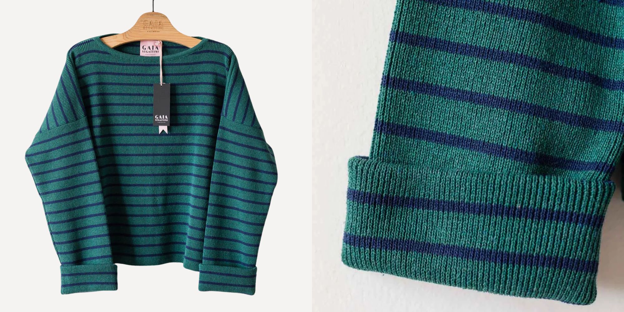 boat neck green and blue striped sweater from gaia segattini knotwear