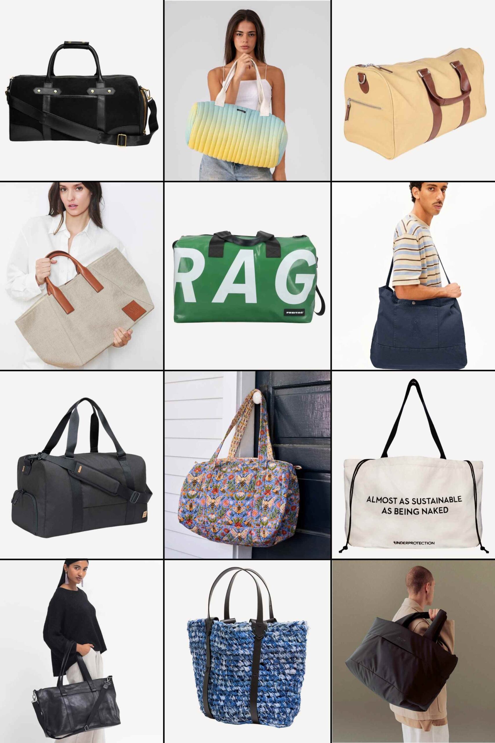 collage of more sustainable travel bags and weekenders
