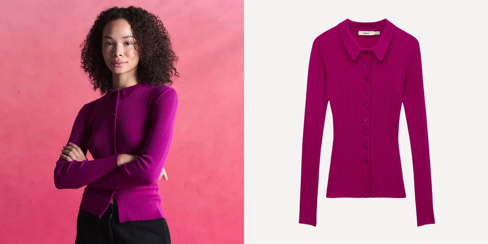 magenta knitted wool cardigan from pangaia