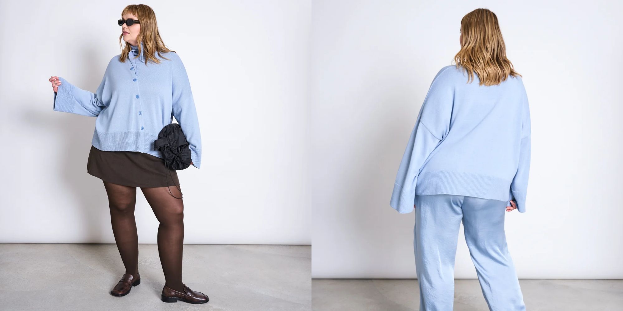 person wearing asymmetric blue knit cardigan from jan n june