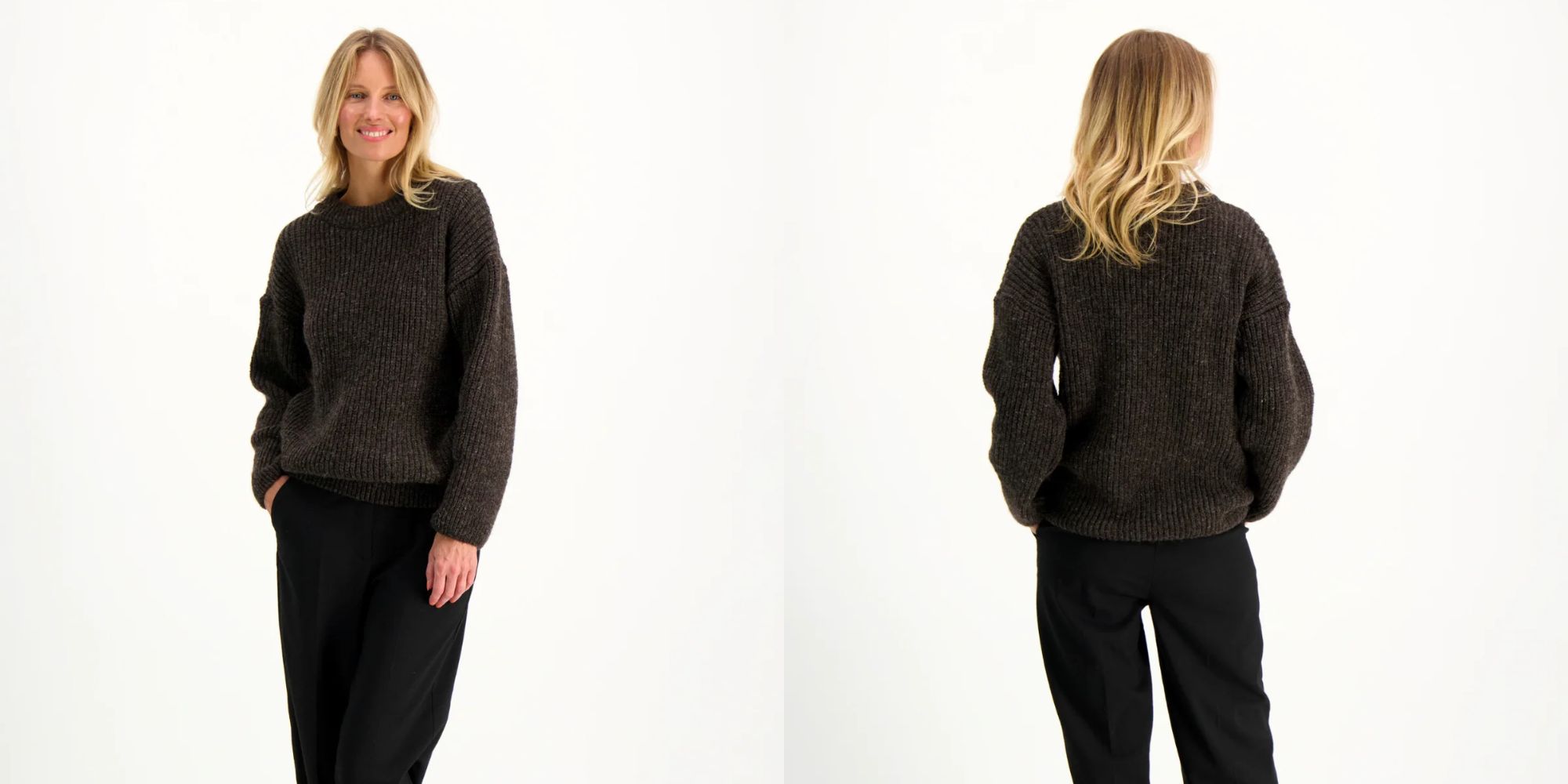 person wearing knitted dark grey sweater from ekta helsinki