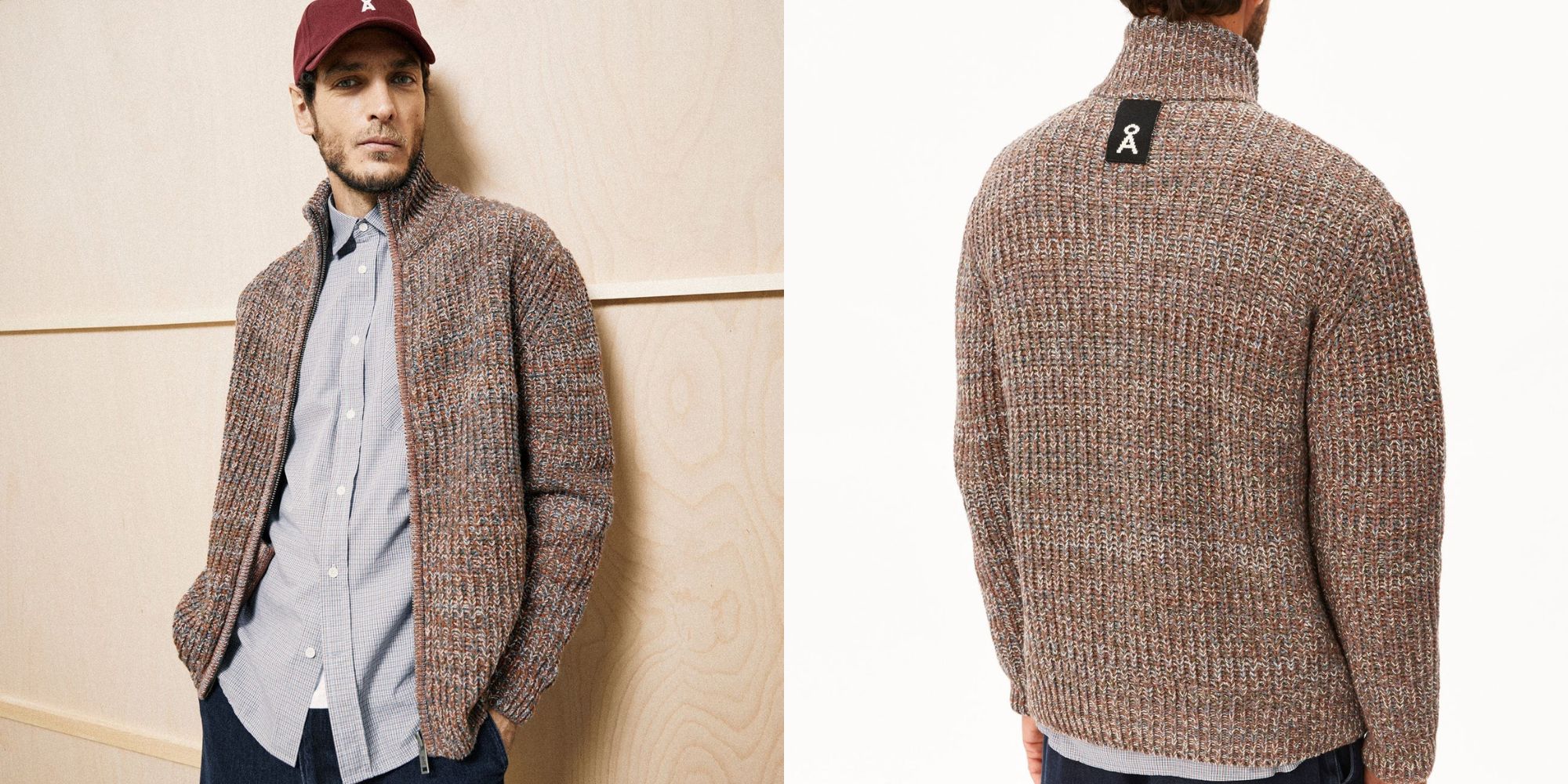 person wearing multicoloured knit zip cardigan from armedangels
