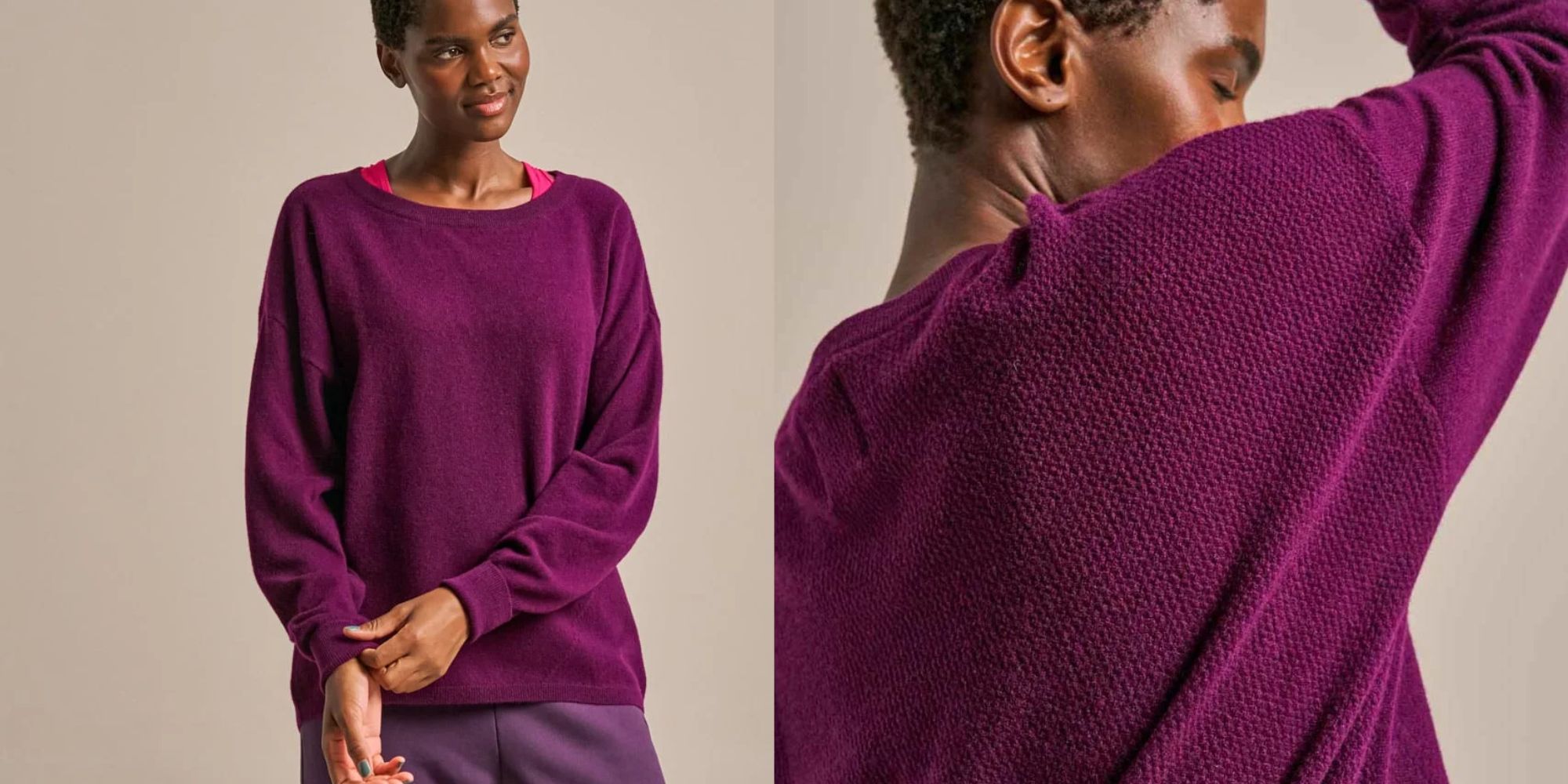 person wearing purple knit sweater from bam