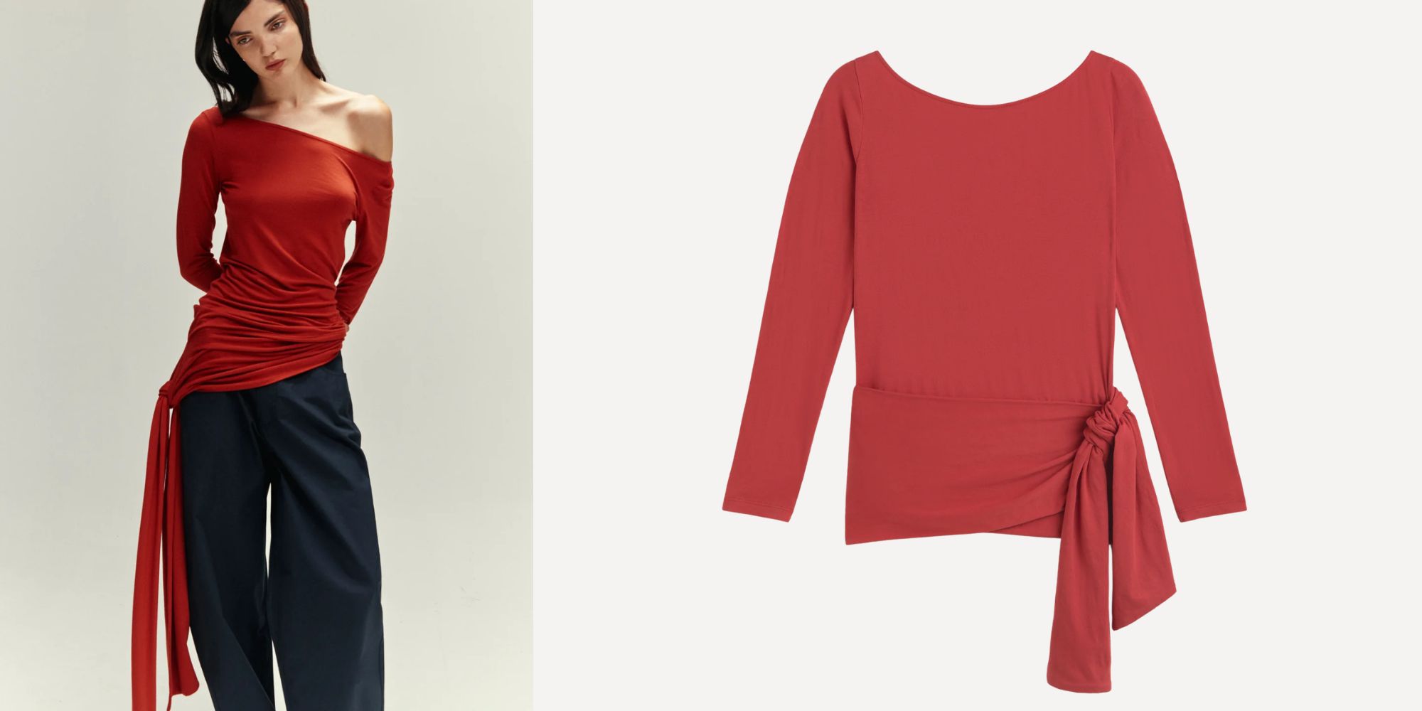 red ruched and tied top from thinking mu