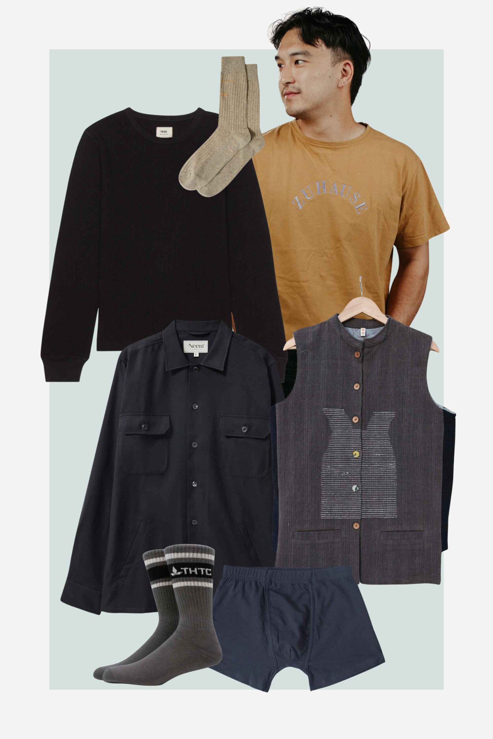 collage of more sustainable menswear