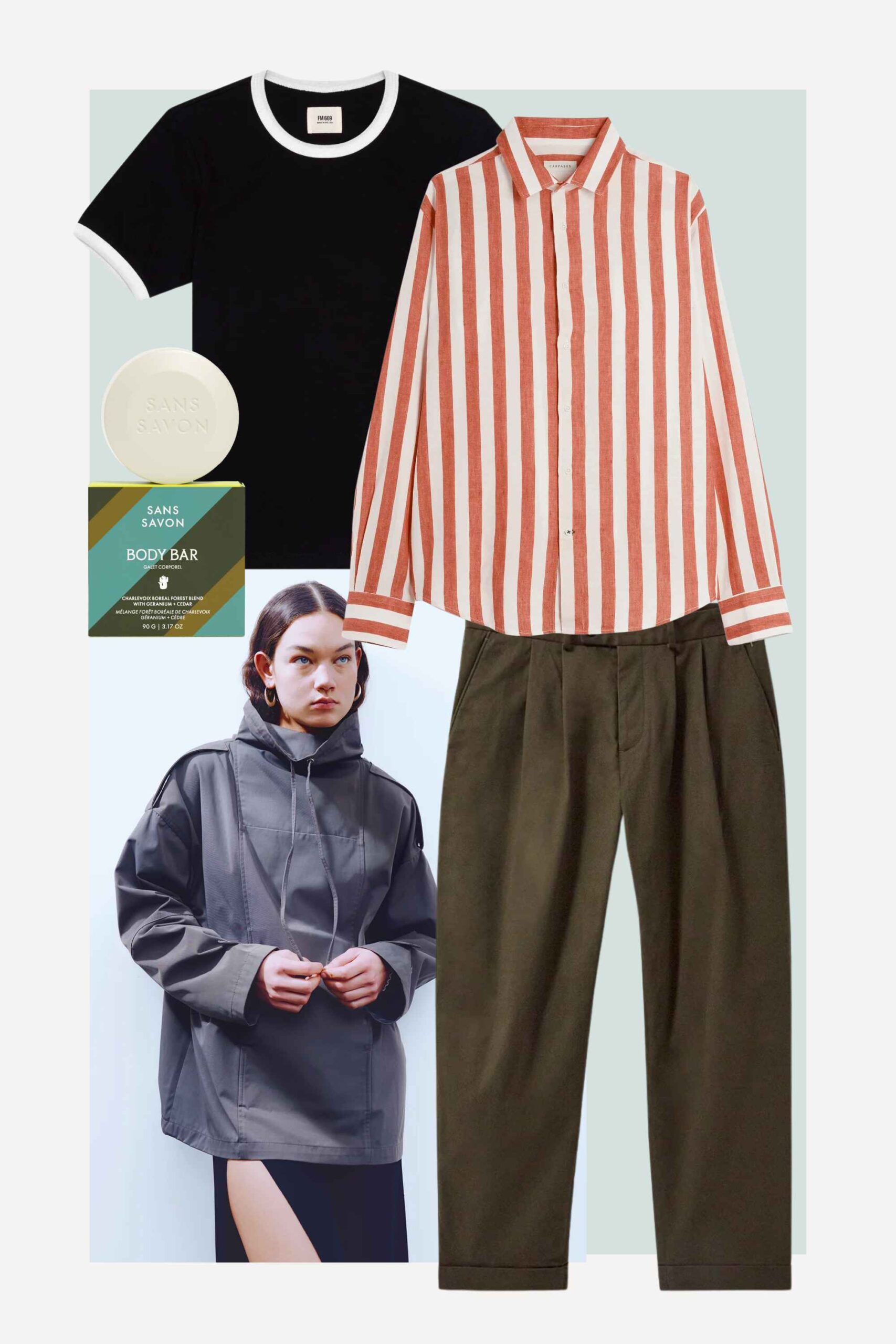 collage of more sustainable menswear