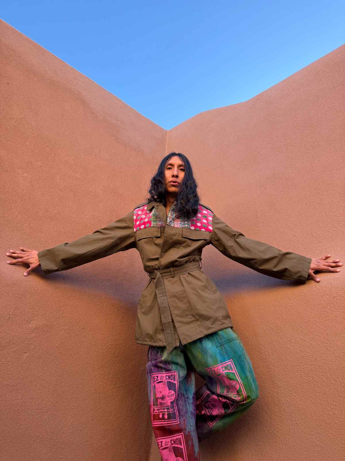 person wearing upcycled garments from sustainable indigenous fashion brand 4kinship