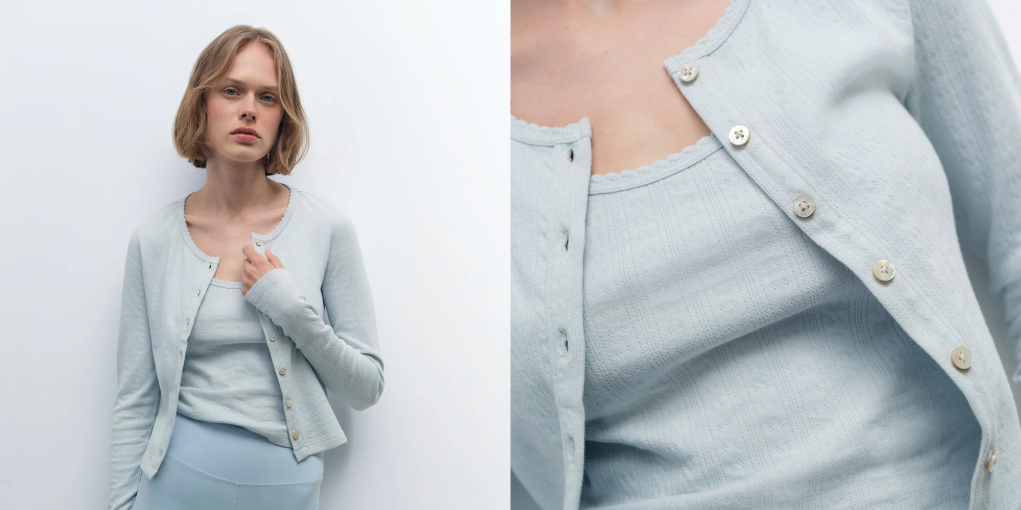 baby blue pointelle cardigan and top from mate the label
