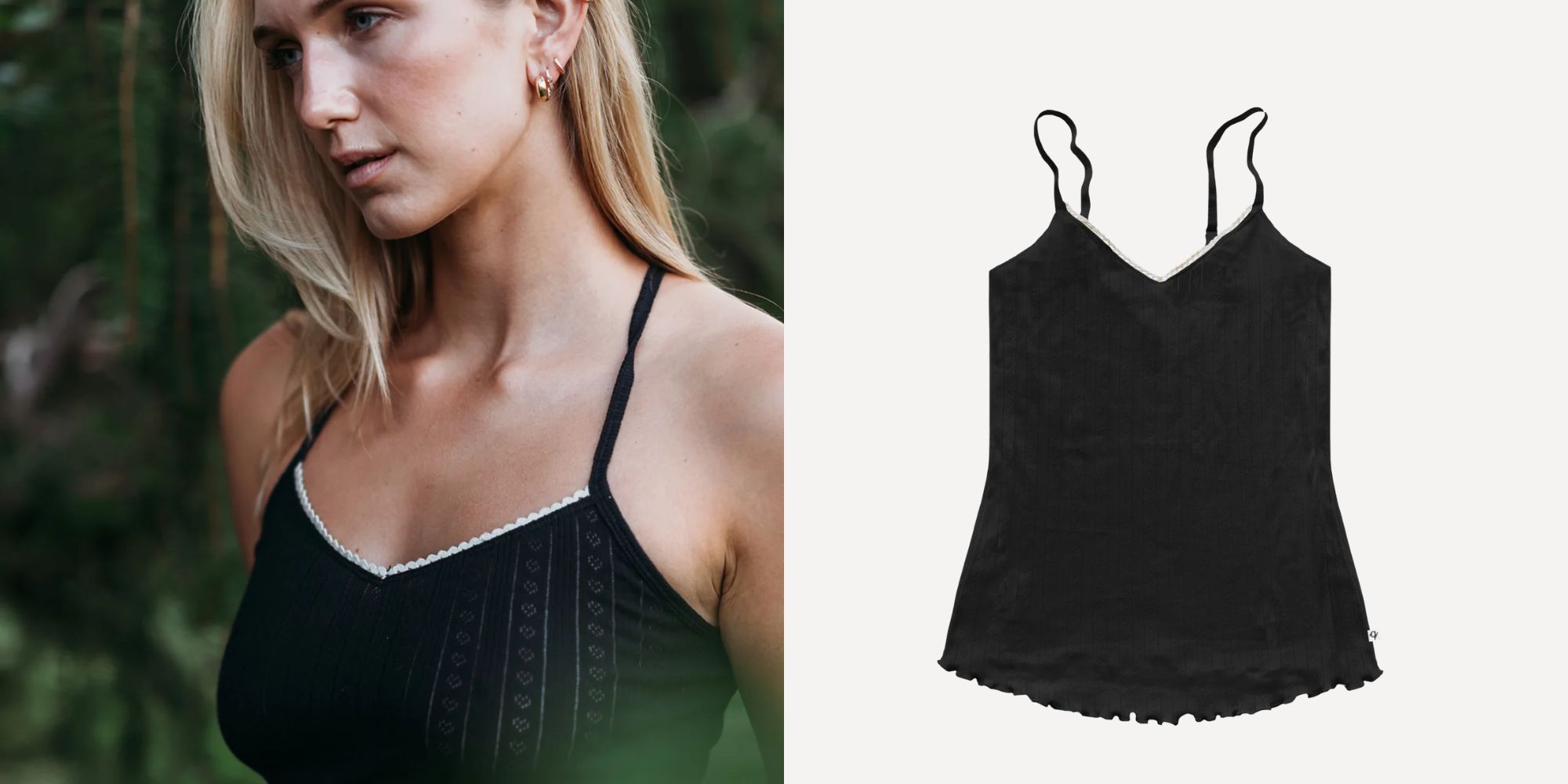 black pointelle cami top from more sustainable brand q for quinn